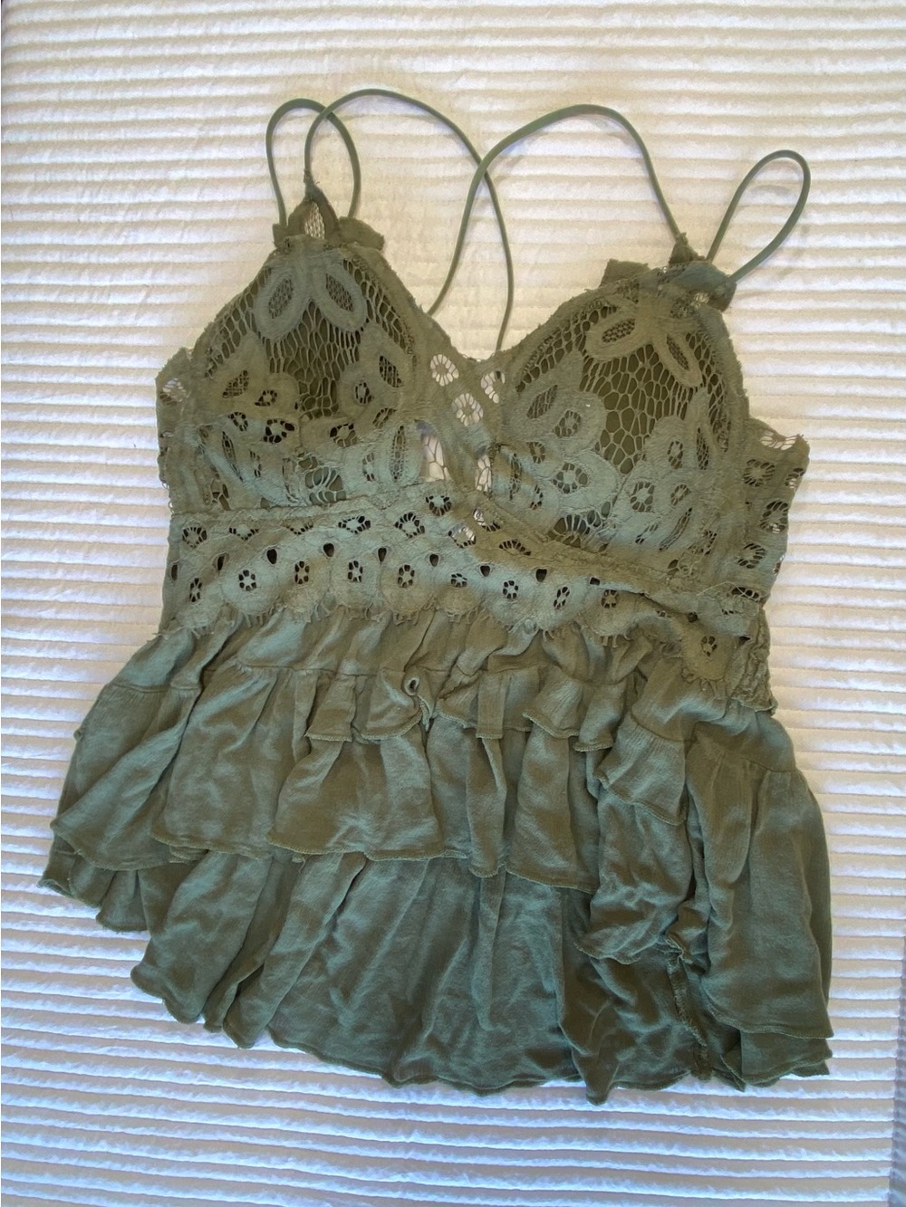 2bella Olive Green Lace Ruffle Boho Cami Top Small Flawed